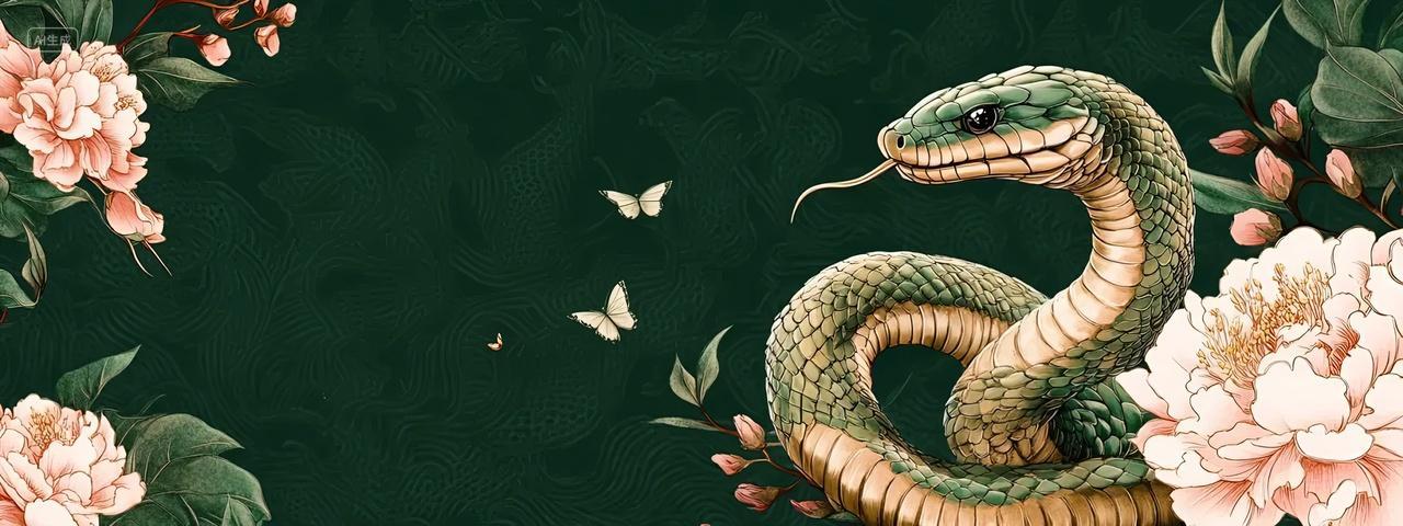 2025年生肖蛇年新年一条蛇在花丛中牡丹芍药花卉植物绿色中国风国潮古风海报banner背景
