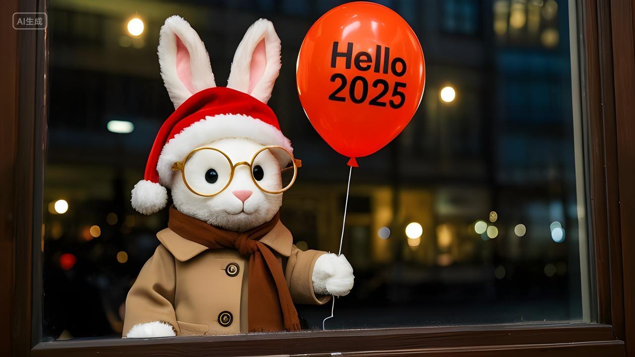 新年跨年夜春节白兔玩偶戴着红色圣诞帽在窗边手拿红气球“Hello2025”