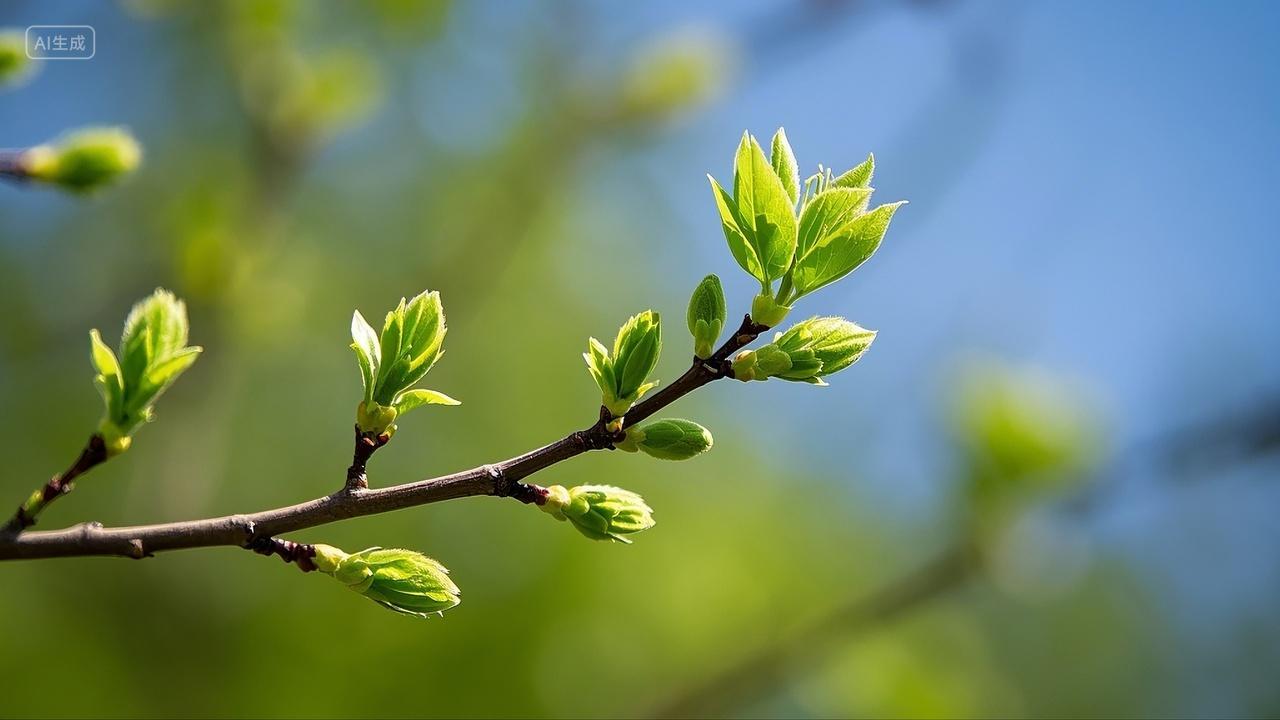 春天春季春日万物复苏树枝嫩芽发芽模糊背景树芽传统二十四节气大自然风景风光电脑壁纸