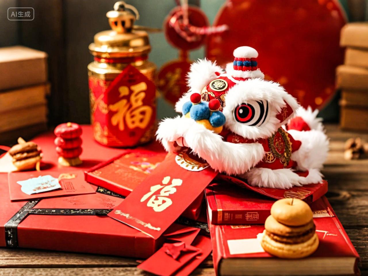 2025年蛇年新年新春春节过节过年传统节日新年元素物件2025年蛇年新年新春春节醒狮红包庆祝福红色喜庆热闹创意农历新年