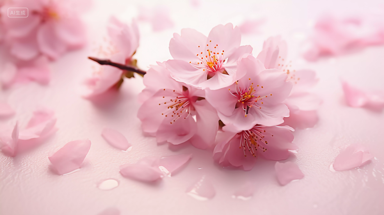 粉红樱花瓣散落在桌面上