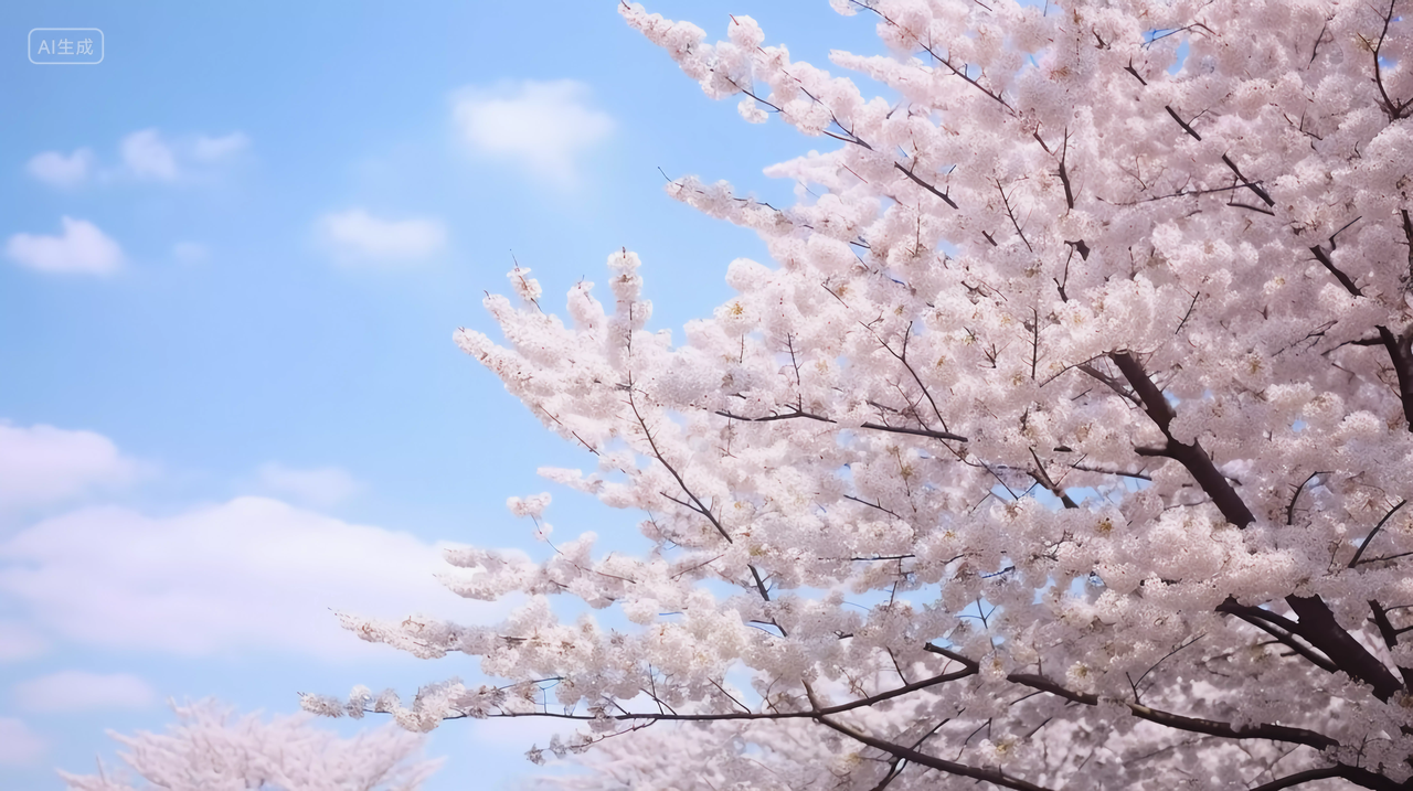 蓝天下白色的樱花盛开的樱花特写镜头浪漫风景唯美壁纸