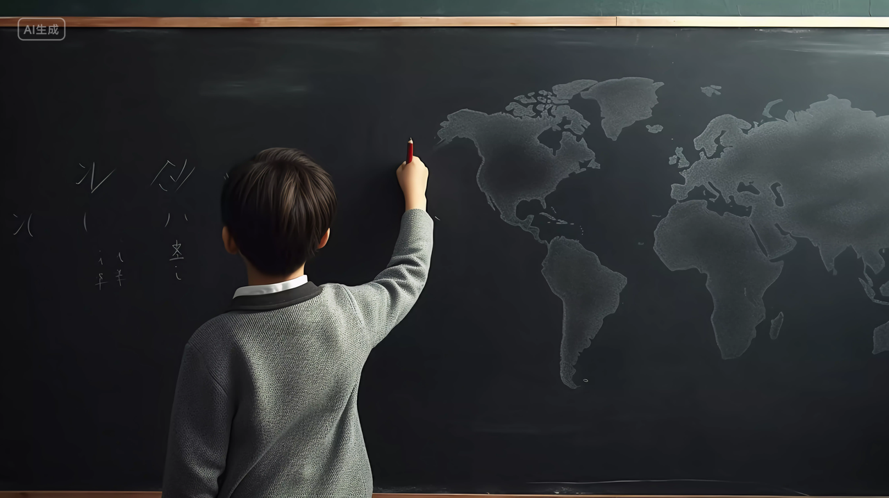 学生在黑板前答题写粉笔字学校校园黑板课桌座位开学季教育学生学习成长