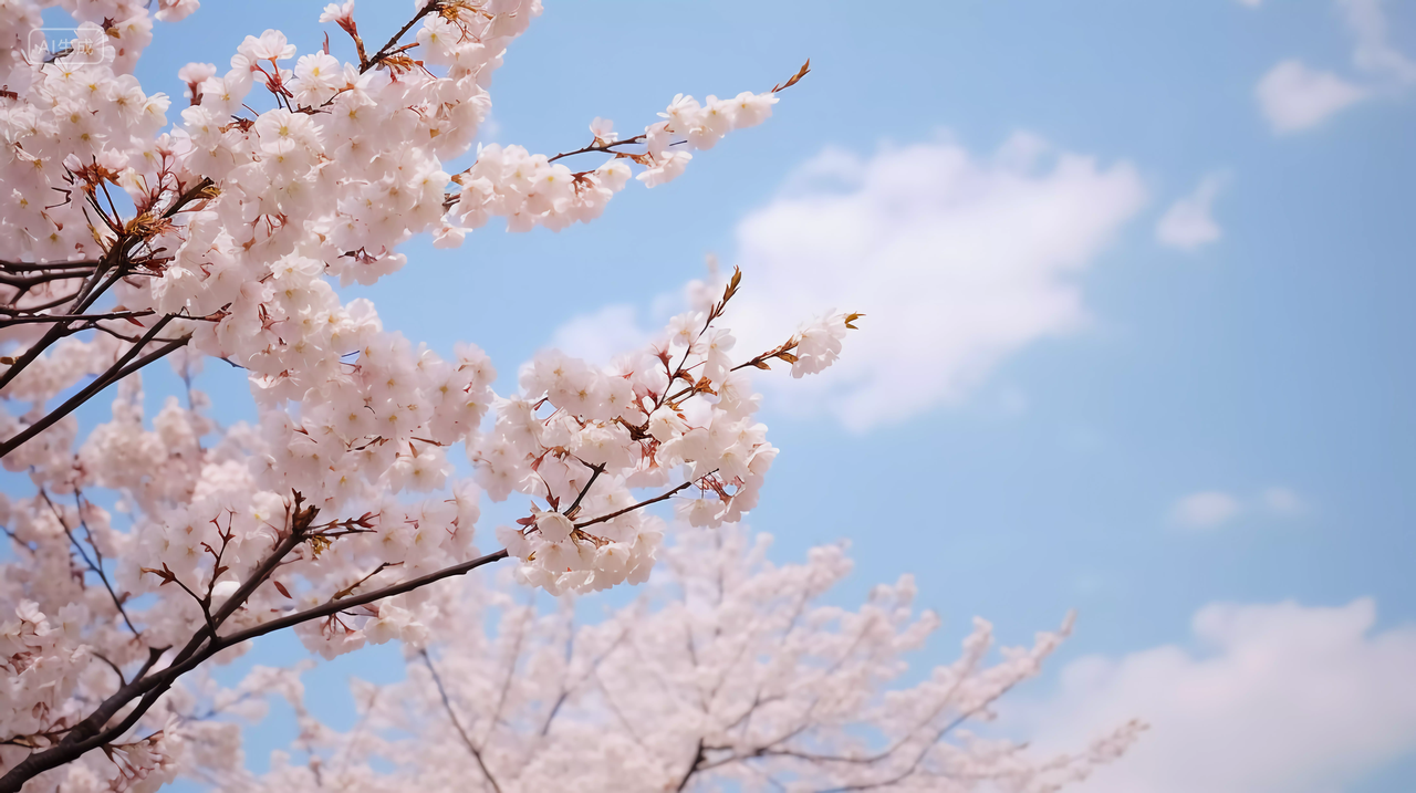 蓝天下白色的樱花盛开的樱花特写镜头浪漫风景唯美壁纸