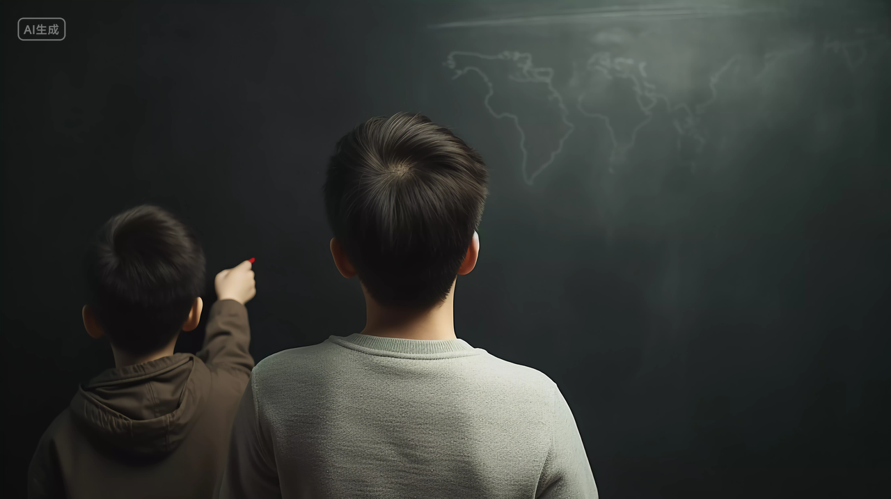 学生在黑板前答题写粉笔字学校校园黑板课桌座位开学季教育学生学习成长