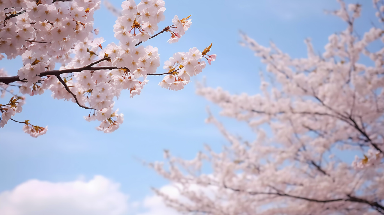 蓝天下白色的樱花盛开的樱花特写镜头浪漫风景唯美壁纸