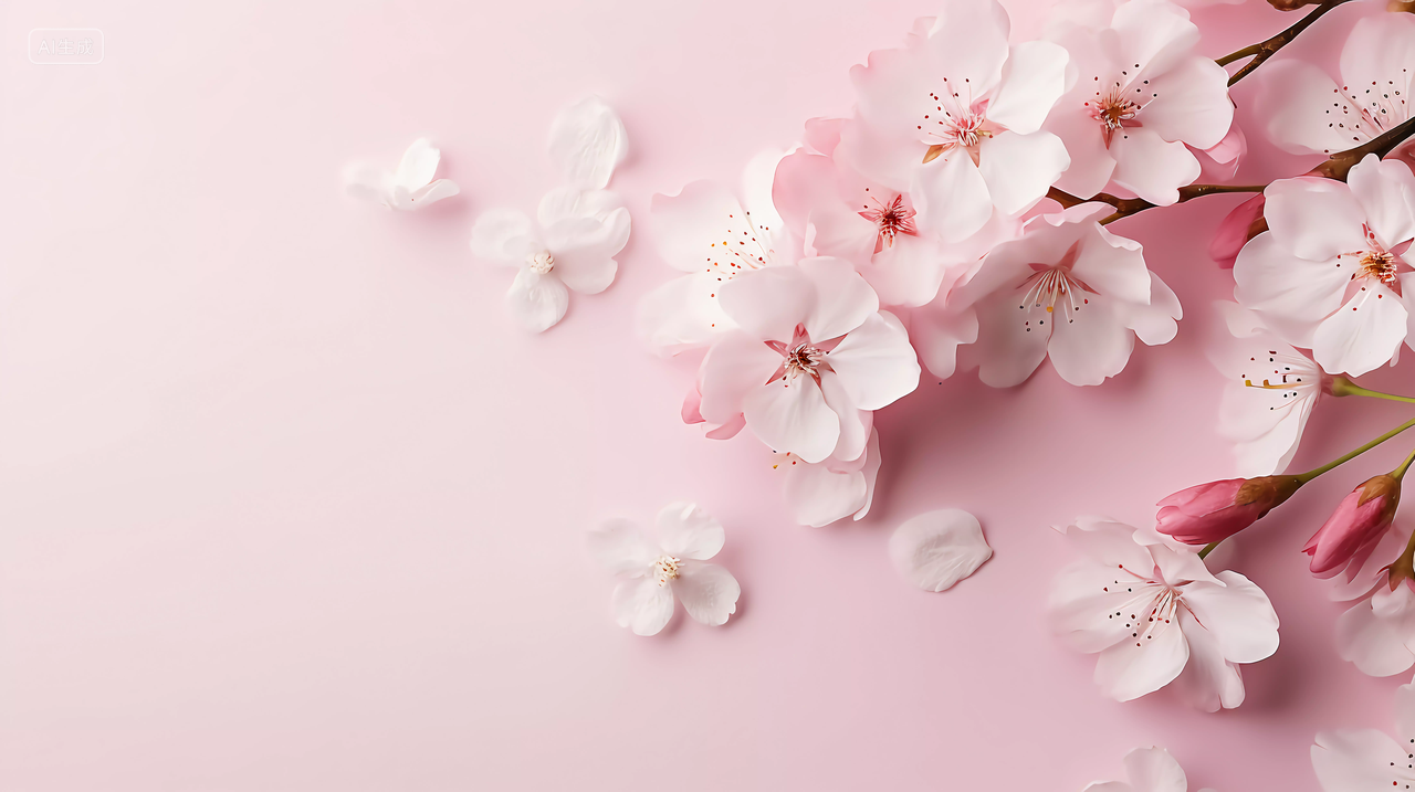 粉红樱花瓣散落在桌面上