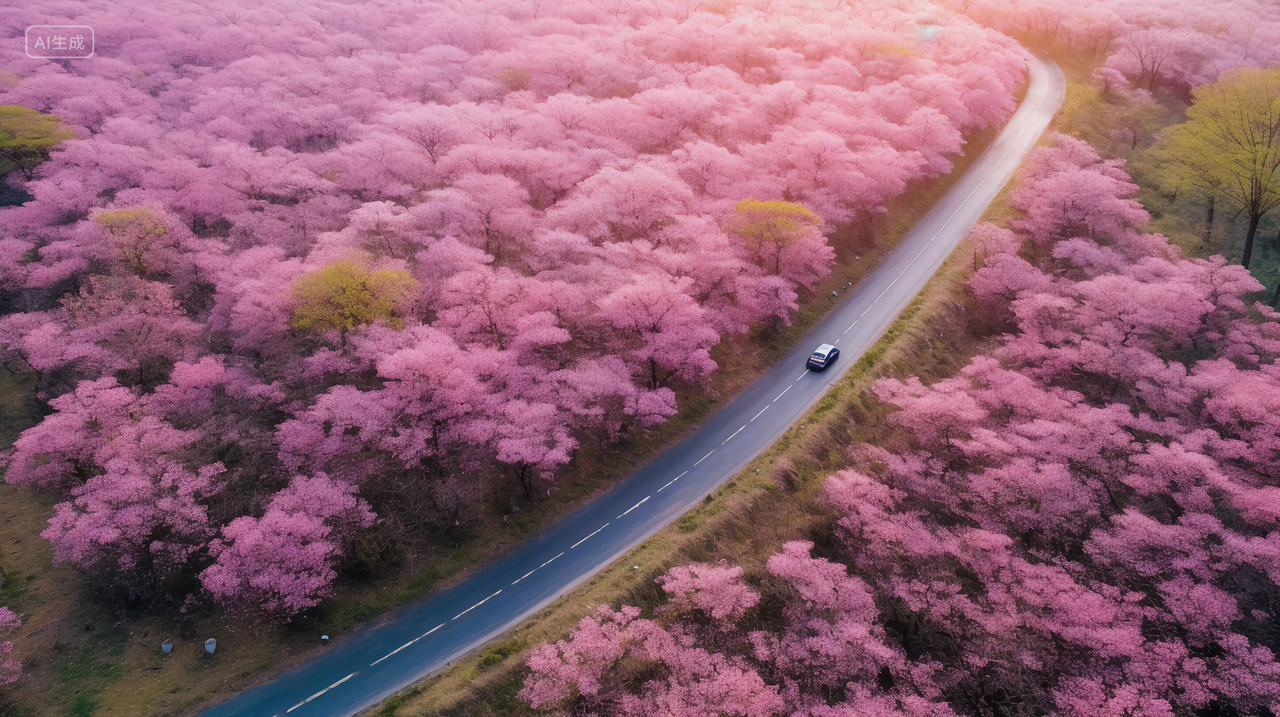 公路两旁盛开的樱花树鸟瞰图航拍樱花浪漫意境风景唯美壁纸