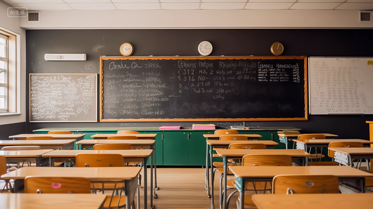 教室里的超长黑板和课桌椅开学季教室校园老师用来给学生上课教育的黑板