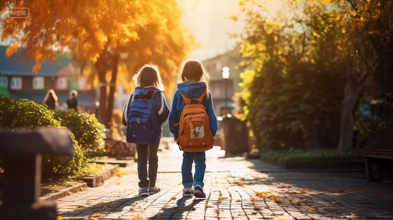背着书包上学的小学生孩子背影学校校园开学季教育学生学习成长