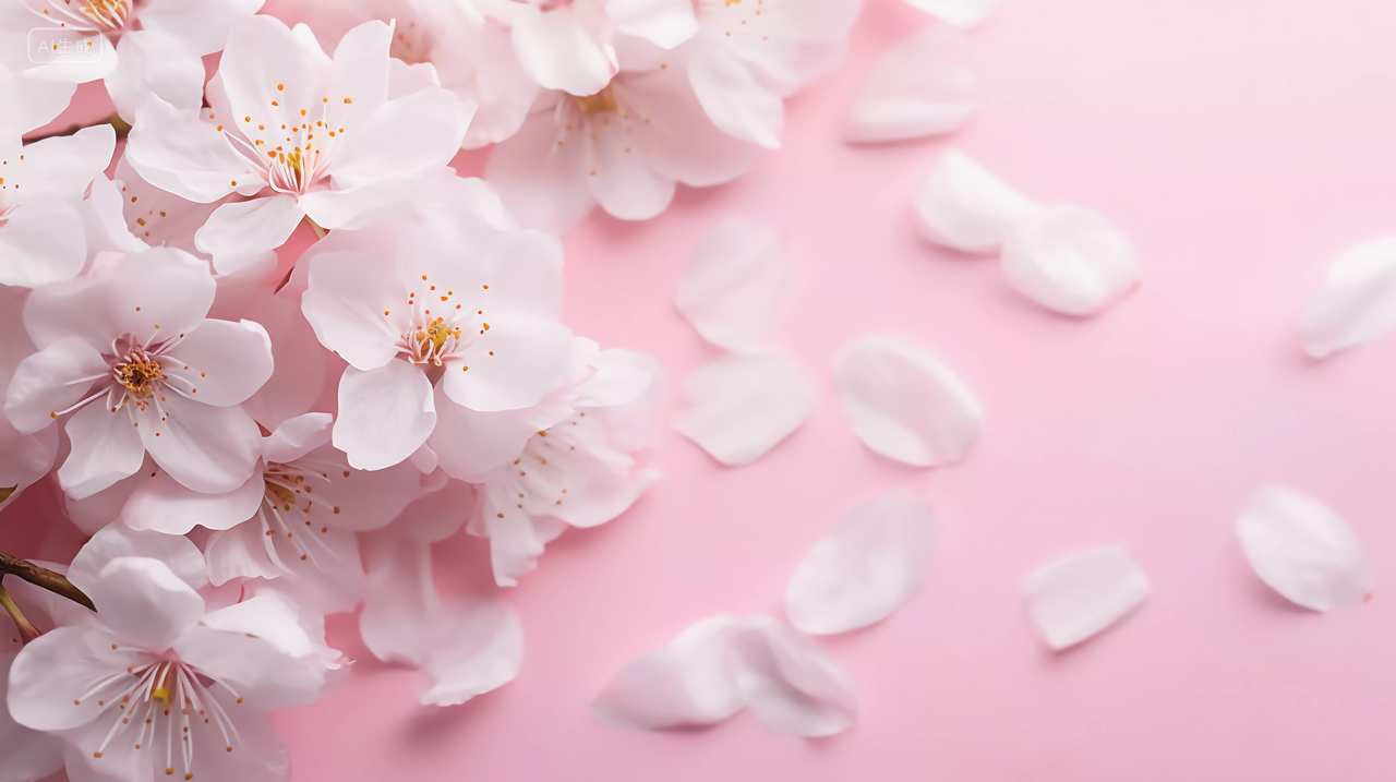粉红樱花瓣散落在桌面上
