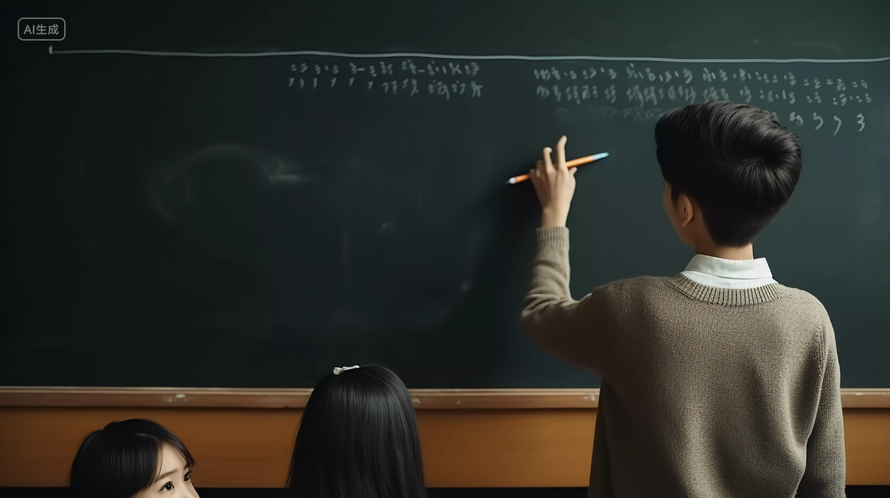 学生在黑板前答题写粉笔字学校校园黑板课桌座位开学季教育学生学习成长