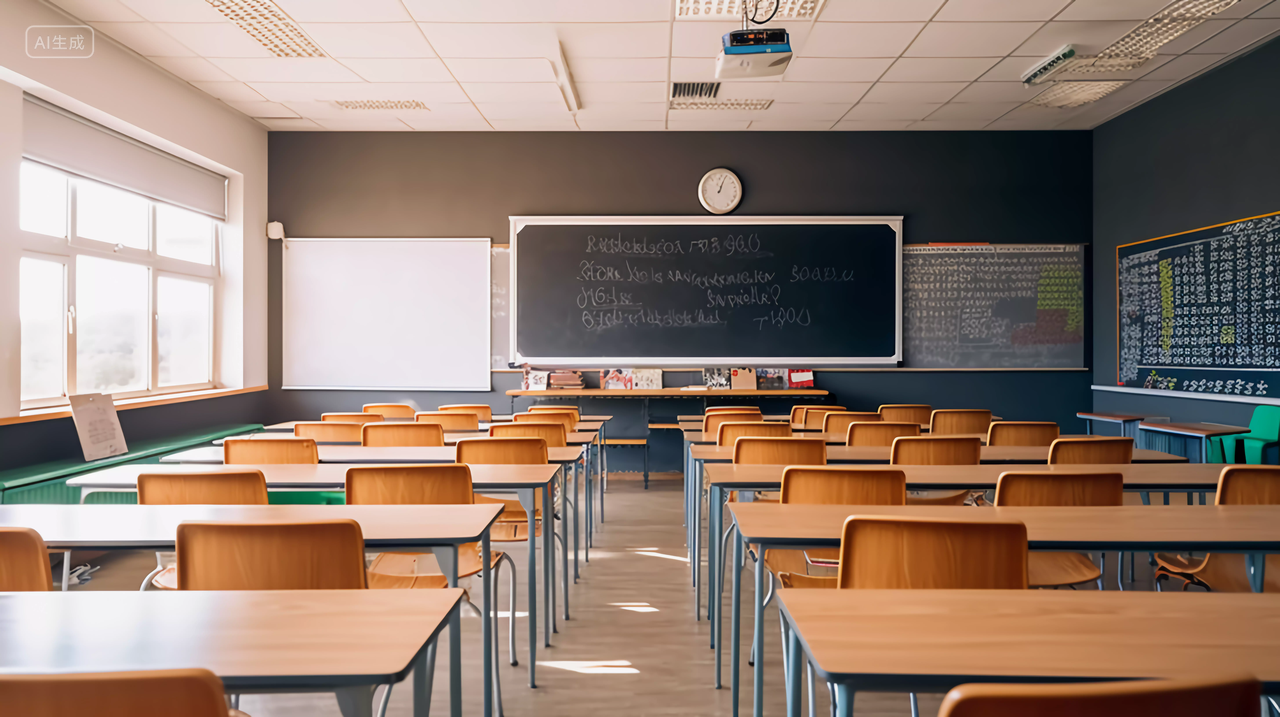 毕业季教室毕业季校园青春毕业季教室里的超长黑板和课桌椅开学季教室校园老师用来给学生上课教育的黑板