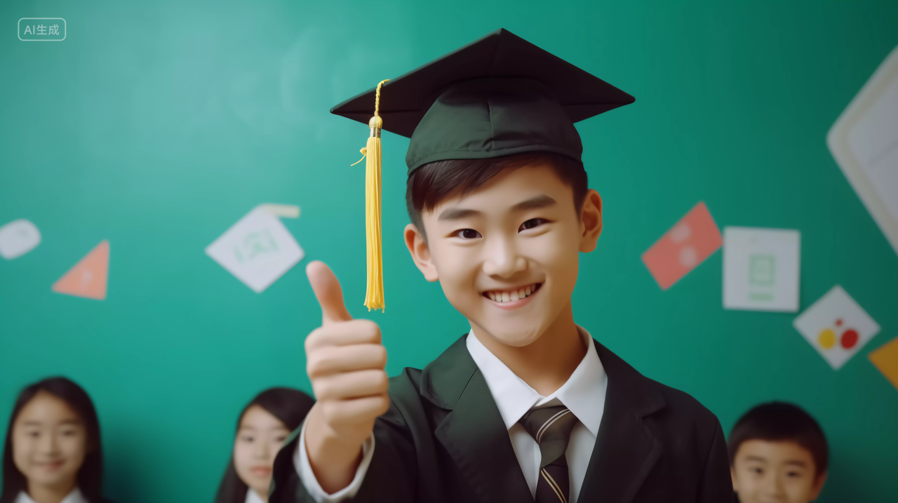 学生带着学士帽在黑板前微笑望着镜头学校校园黑板课桌座位开学季教育学生学习成长