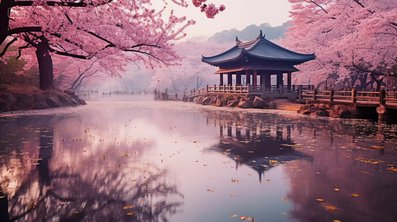 盛开的樱花树樱花飘落与中式园林亭子浪漫风景唯美壁纸