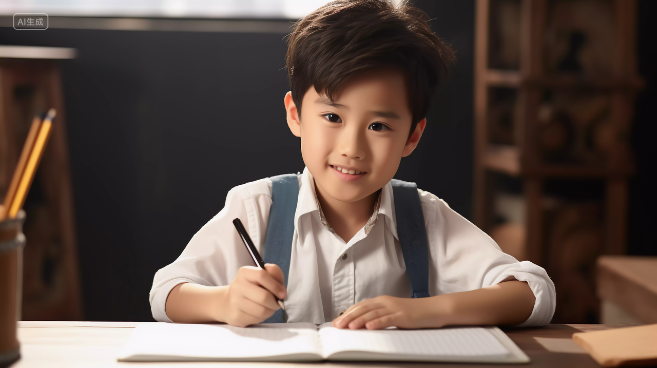 小学生手拿笔坐在课桌书桌写作业学校校园黑板课桌座位开学季教育学生学习成长