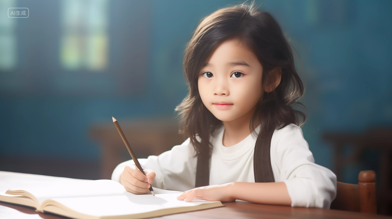 小学生手拿笔坐在课桌书桌写作业学校校园黑板课桌座位开学季教育学生学习成长