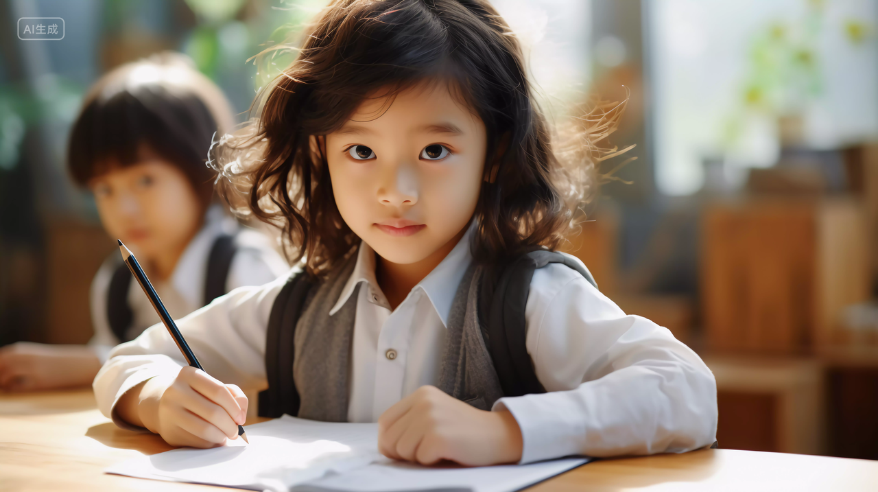 小学生手拿笔坐在课桌书桌写作业学校校园黑板课桌座位开学季教育学生学习成长