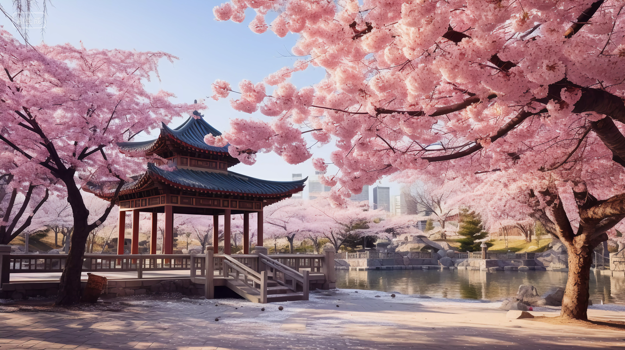 盛开的樱花树樱花飘落与中式园林亭子浪漫风景唯美壁纸