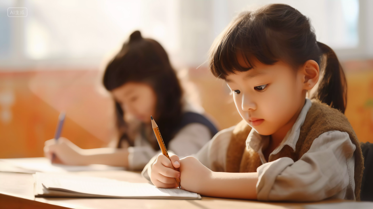 小学生手拿笔坐在课桌书桌写作业学校校园黑板课桌座位开学季教育学生学习成长