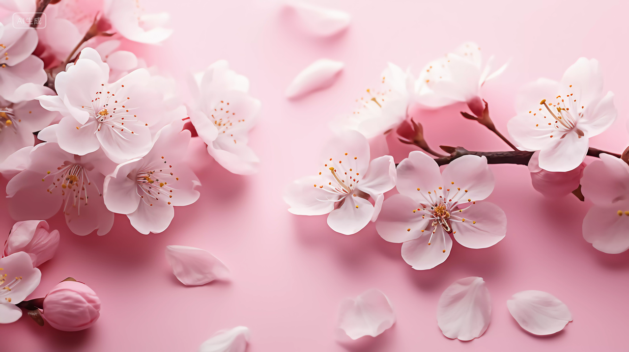 粉红樱花瓣散落在桌面上