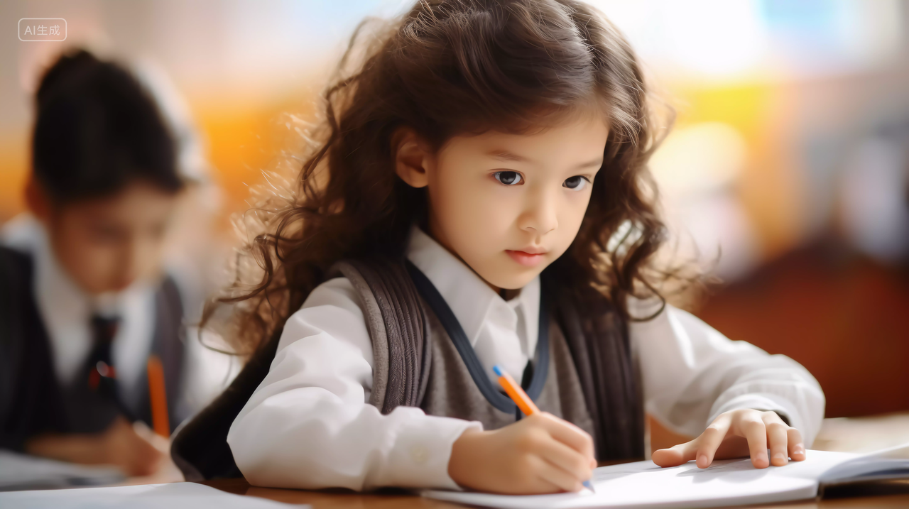 小学生手拿笔坐在课桌书桌写作业学校校园黑板课桌座位开学季教育学生学习成长