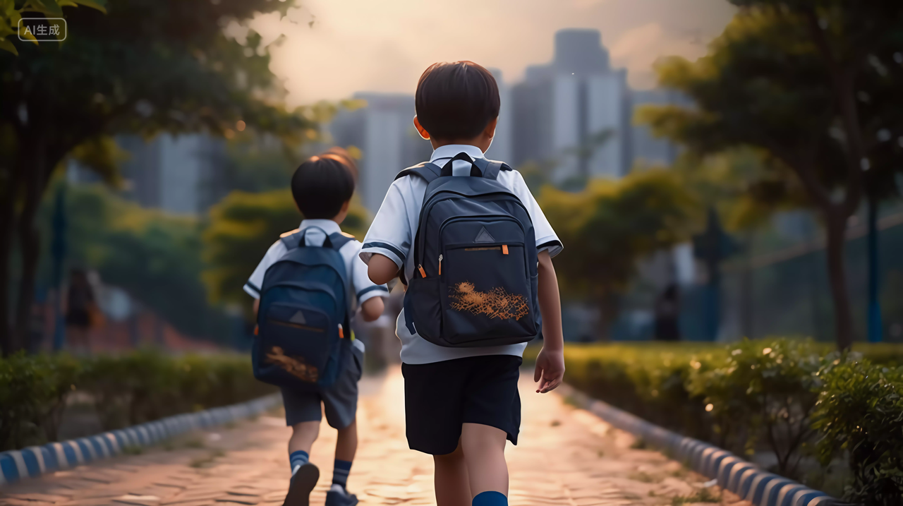 背着书包上学的小学生孩子背影学校校园开学季教育学生学习成长