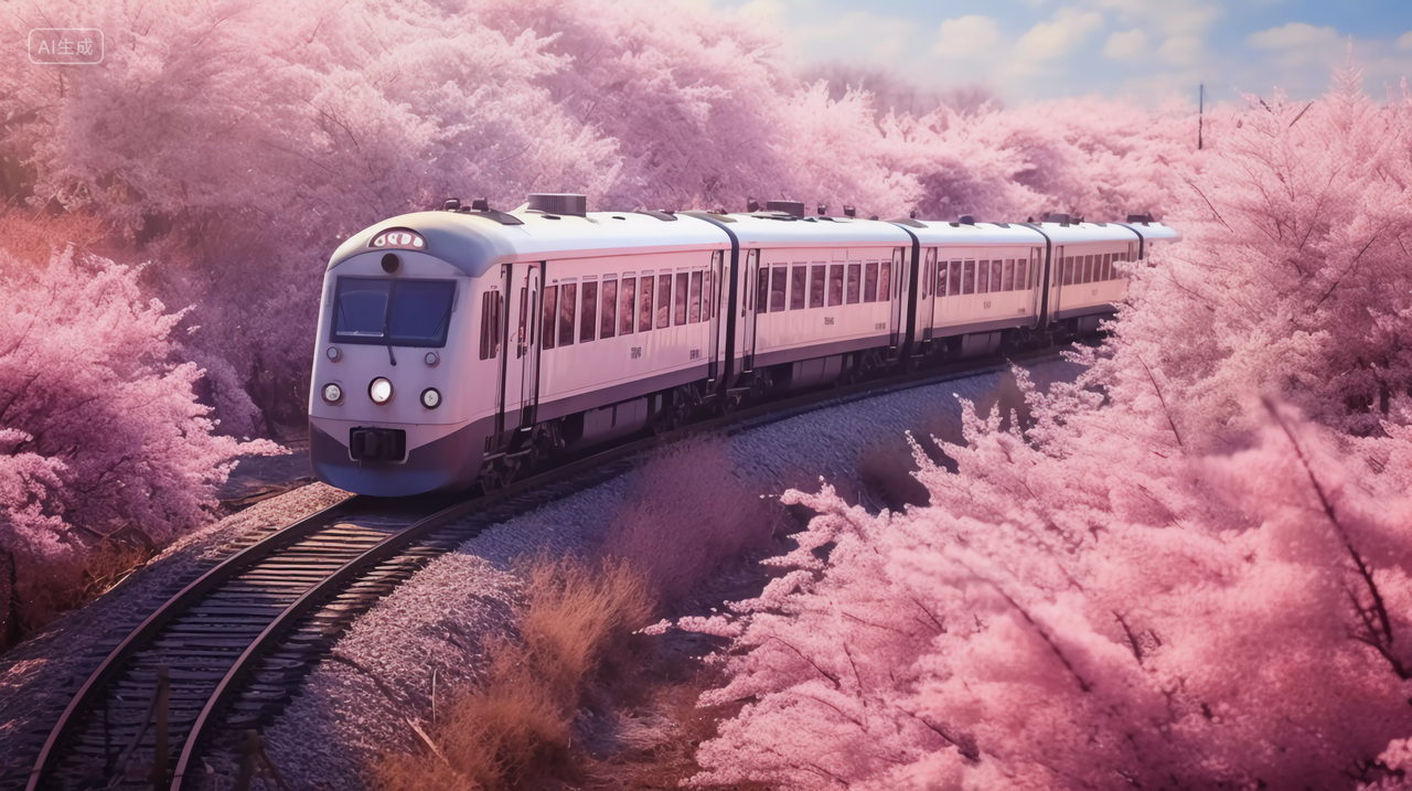 一列火车经过樱花树浪漫意境风景唯美壁纸