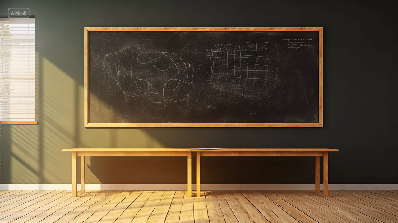 阳光照射在教室的黑板上开学季教室校园老师用来给学生上课教育的黑板