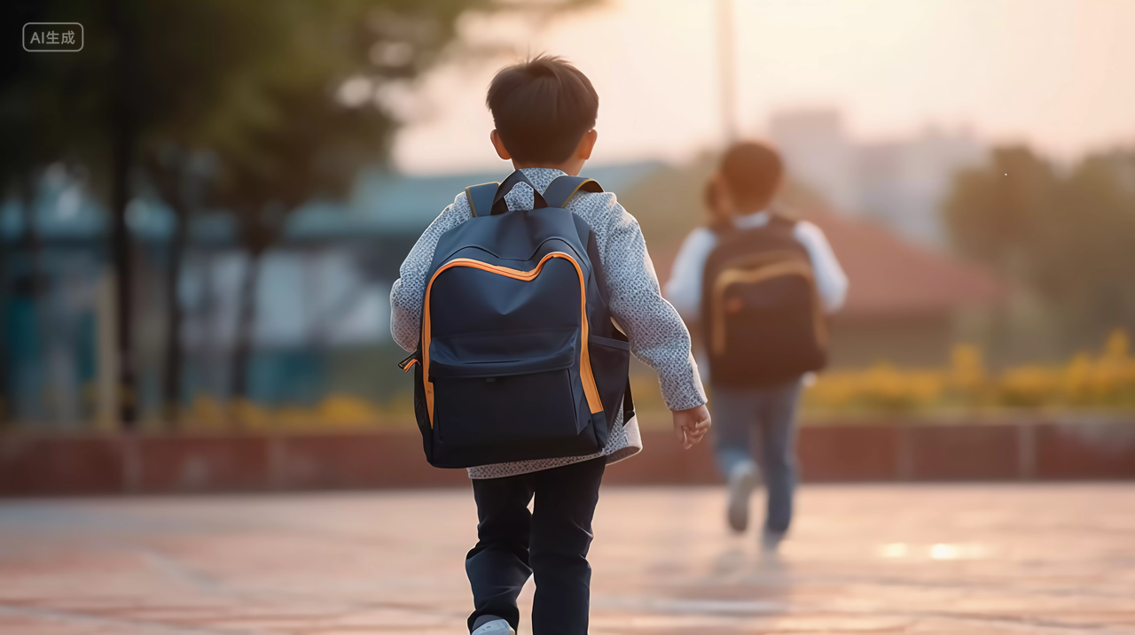 背着书包上学的小学生孩子背影学校校园开学季教育学生学习成长