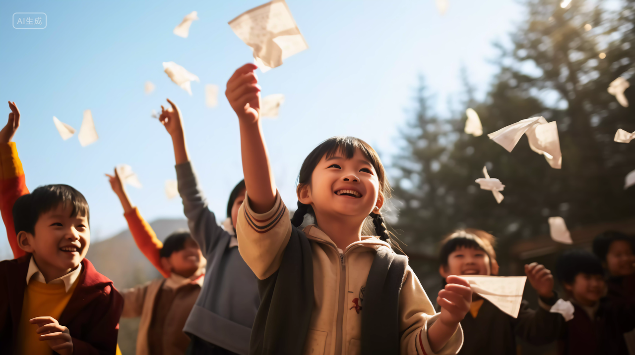 小学生欢乐的童年扔纸飞机希望工程希望小学校园开学季教育学生学习成长