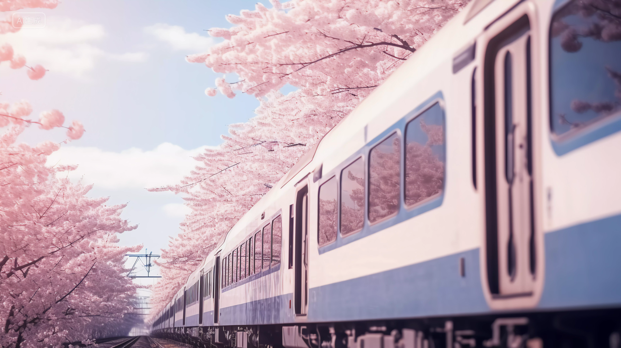 一列火车经过樱花树浪漫意境风景唯美壁纸