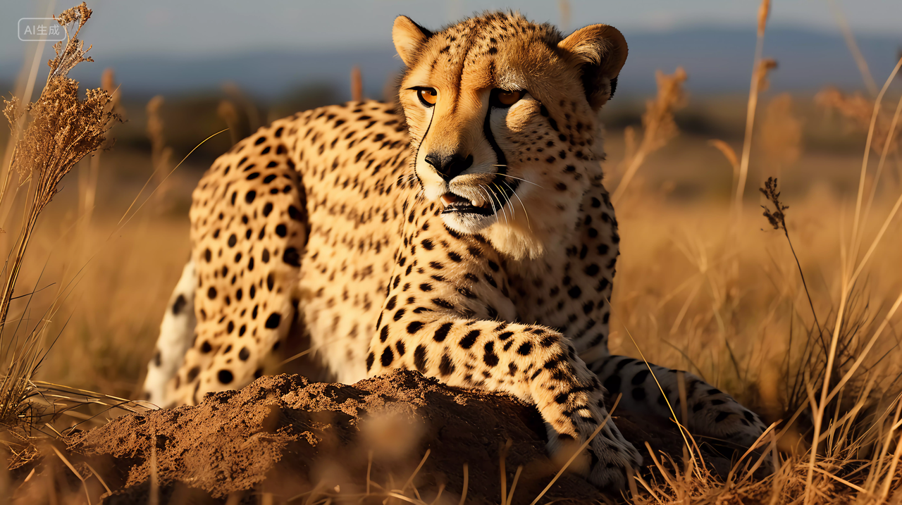 蓝天白云下大自然野生动物豹子眼神凶狠的猎豹