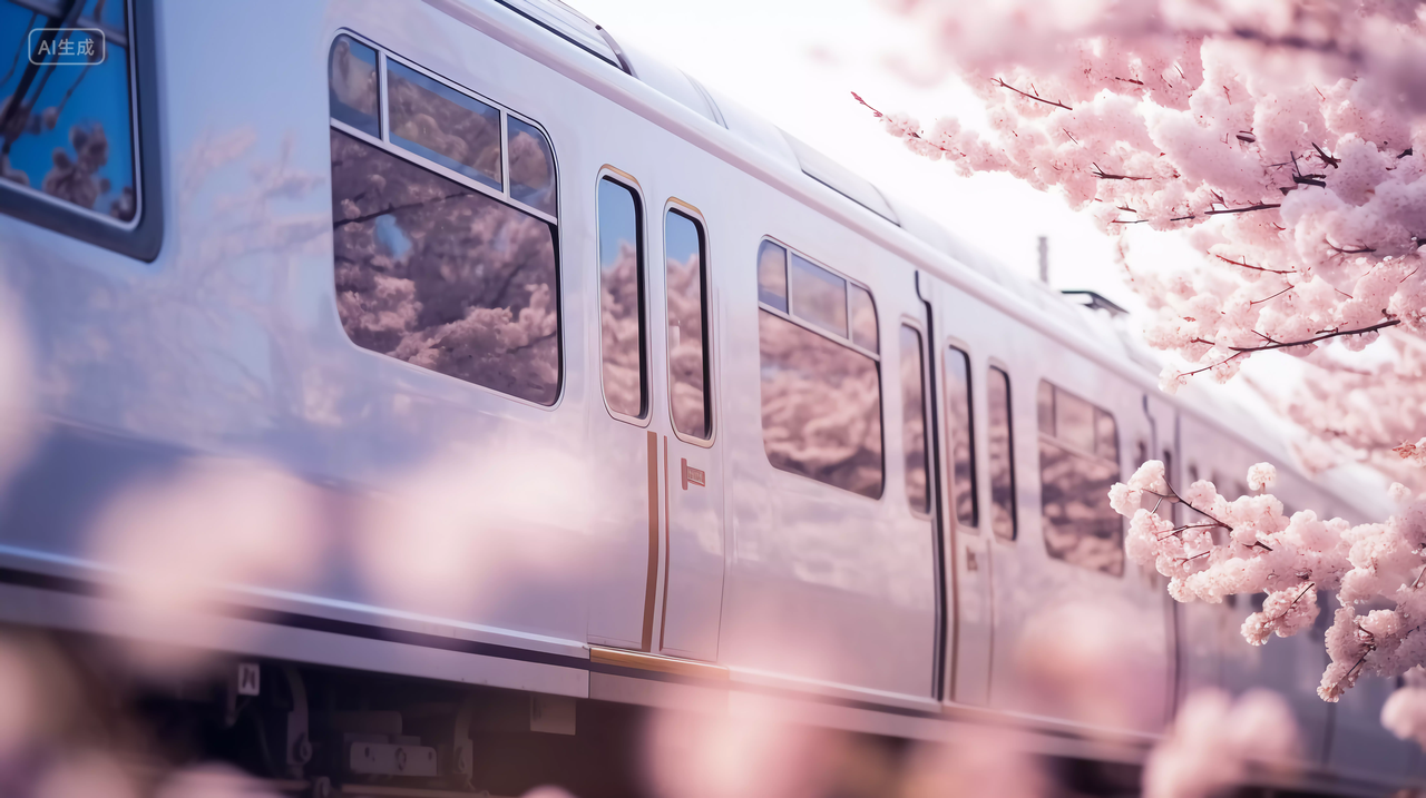 一列火车经过樱花树浪漫意境风景唯美壁纸