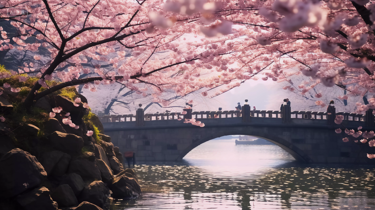 盛开的樱花树樱花飘落与与阳光下的中式古风石桥浪漫风景唯美壁纸