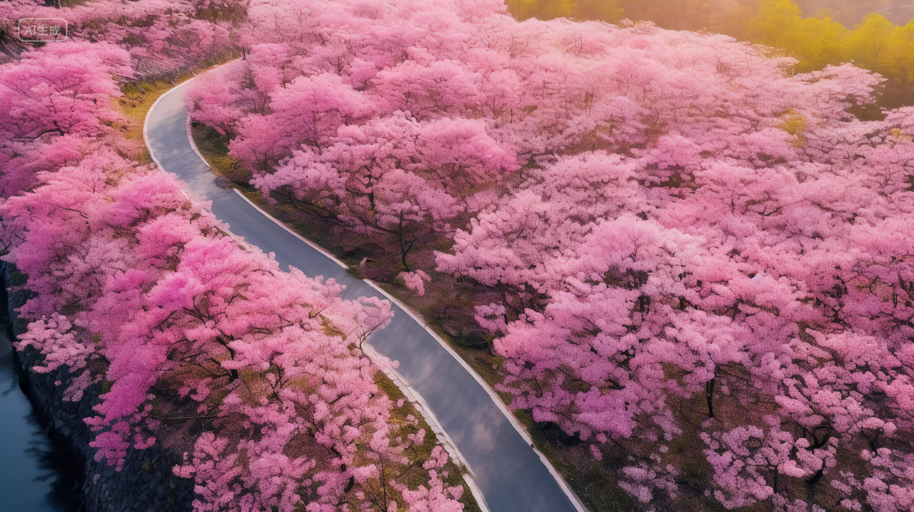 公路两旁盛开的樱花树鸟瞰图航拍樱花浪漫意境风景唯美壁纸