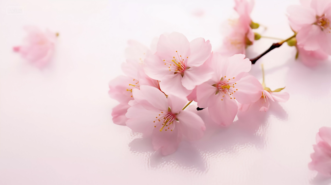 粉红樱花瓣散落在桌面上