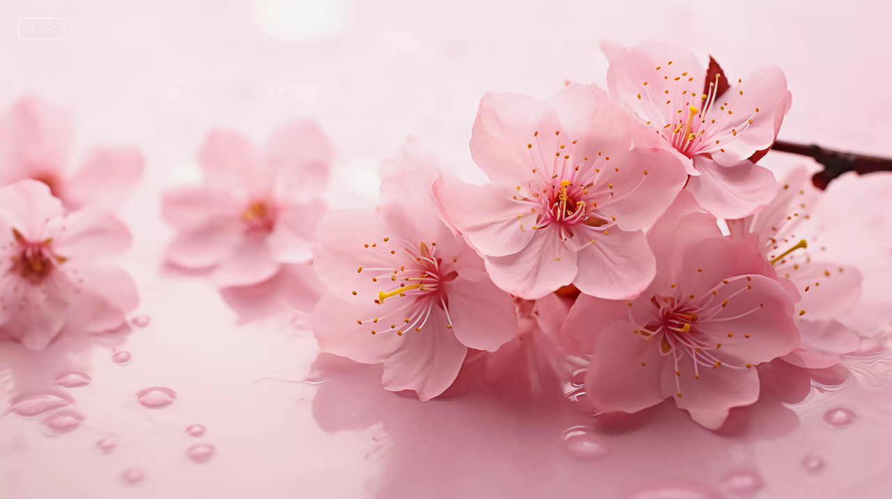 粉红樱花瓣散落在桌面上