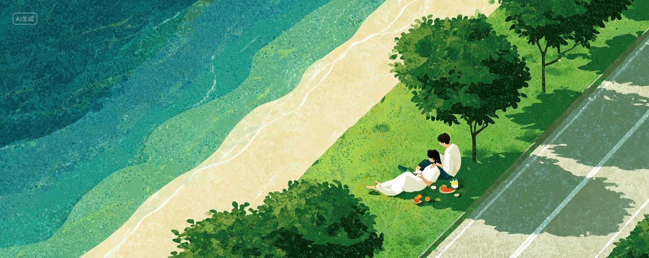 海边的岸上有一对情侣在草地上二十四节气小暑夏至海报背景