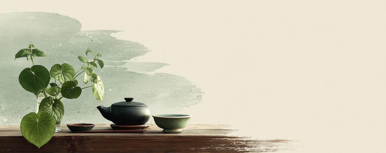 桌子上有茶壶绿植装饰二十四节气小暑夏至海报背景