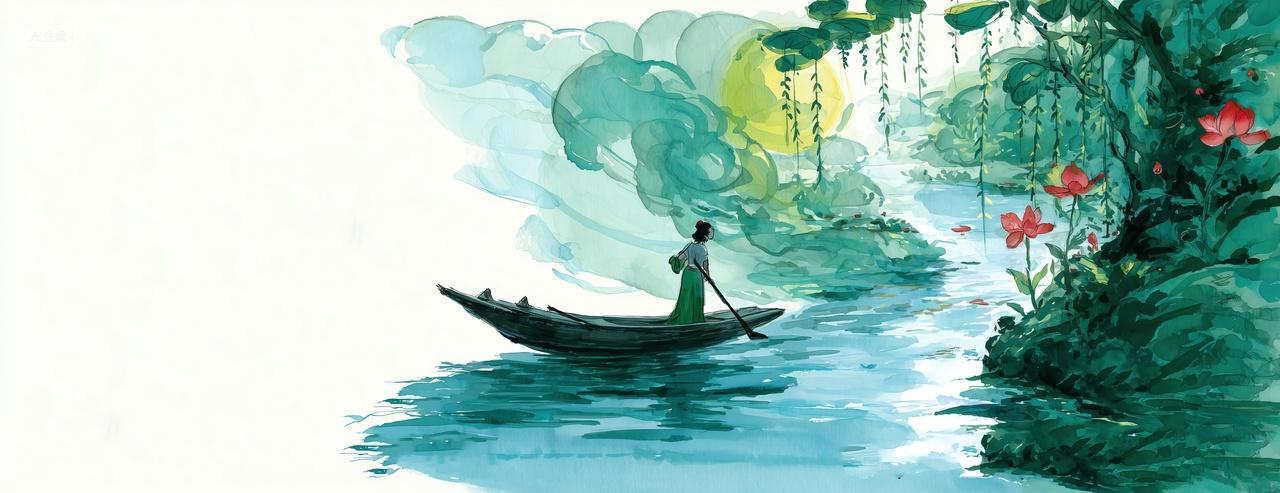 一只渔船在湖水里水彩画二十四节气夏至小暑海报背景