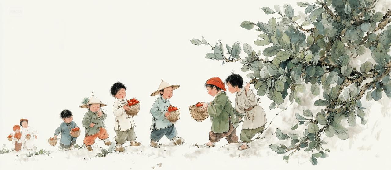 一群儿童在摘果子二十四节气小暑夏至海报背景