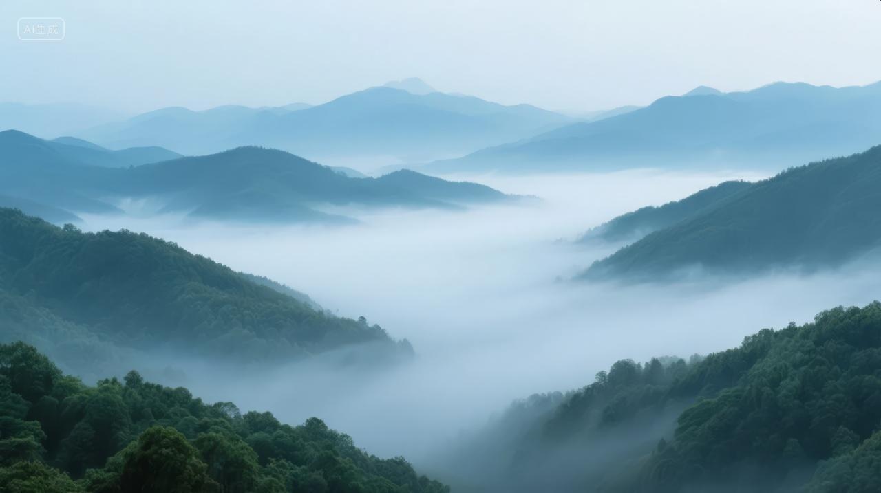 立秋节气水墨画风远山云雾禅意意境背景