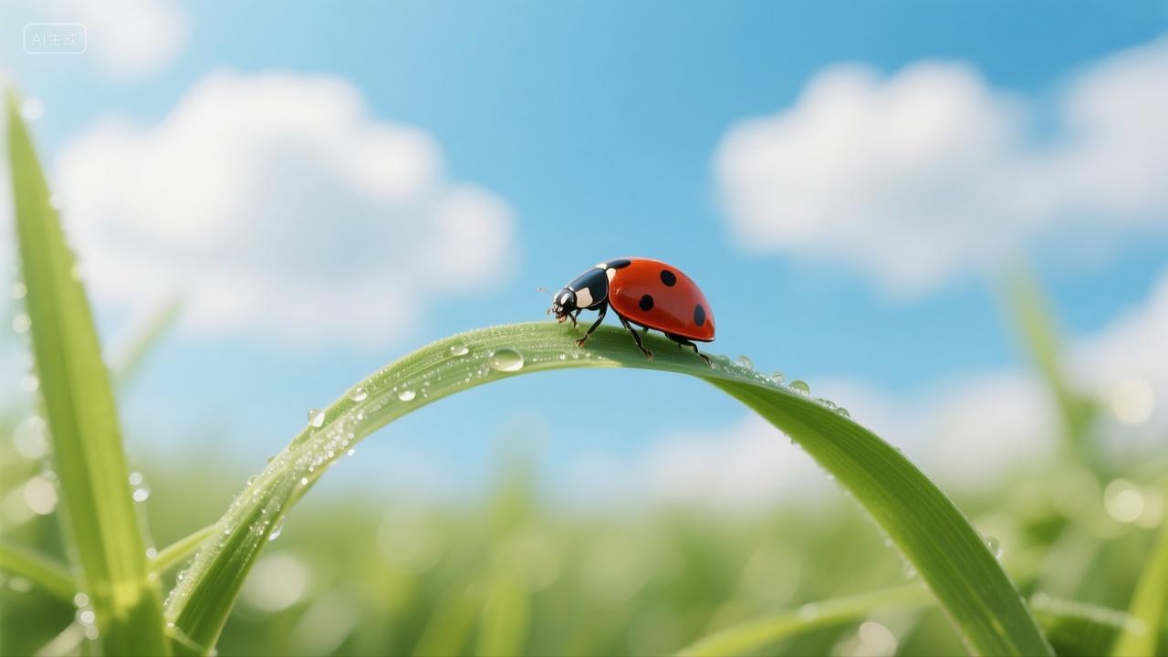 七星瓢虫在草叶上蓝天白云清新水珠