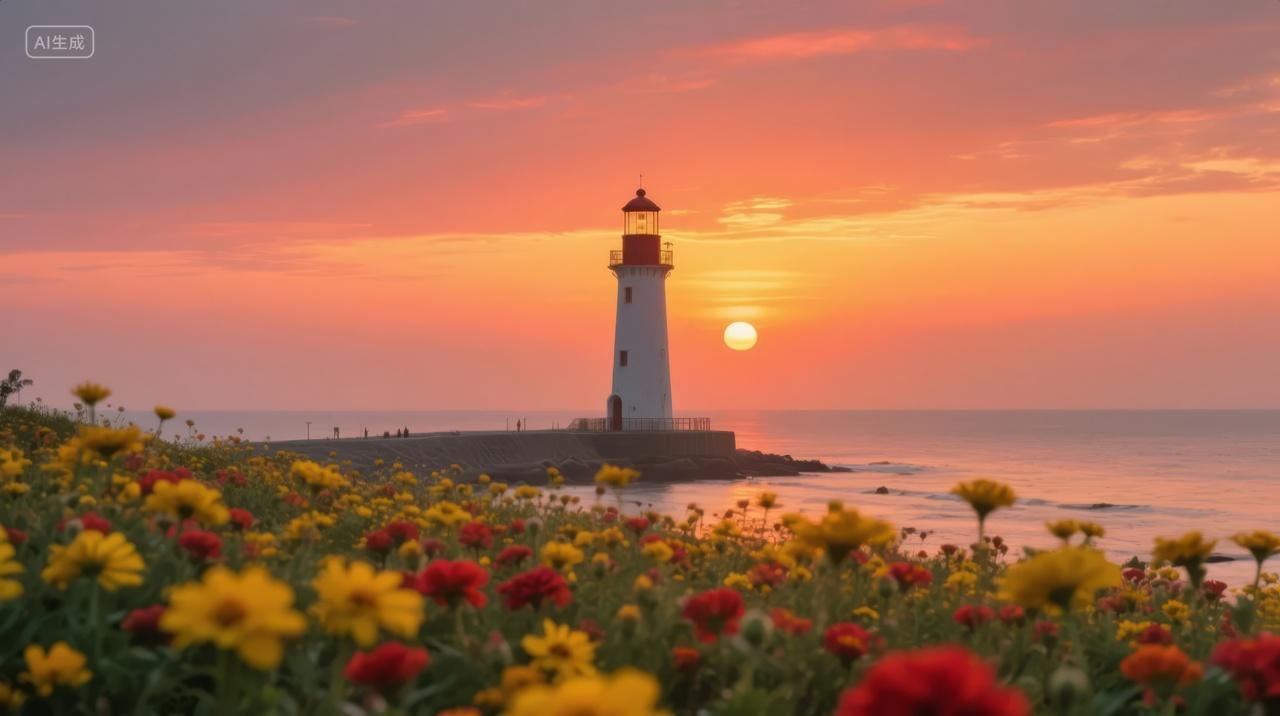 灯塔花海日落黄昏指引方向希望唯美背景