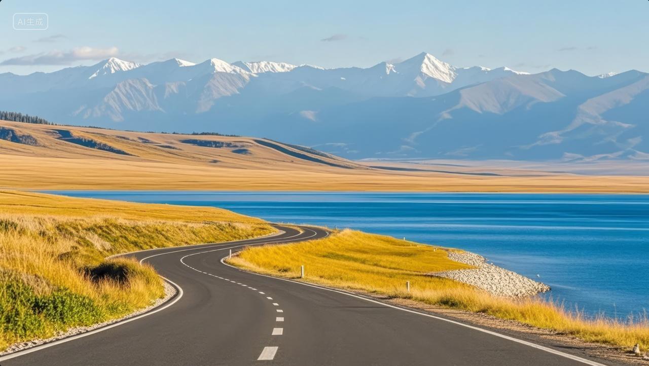 高原公路湖泊雪山自驾游壮丽风光旅游背景