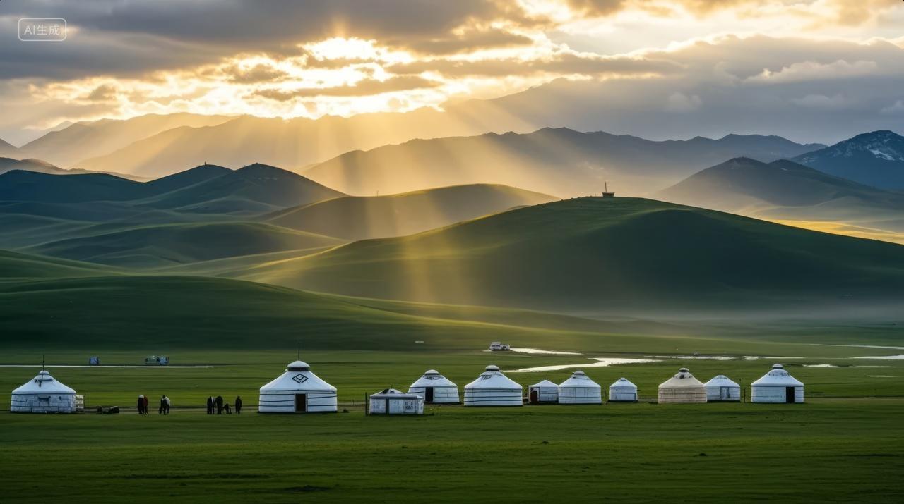 国庆节草原蒙古包日落壮丽风光旅游背景