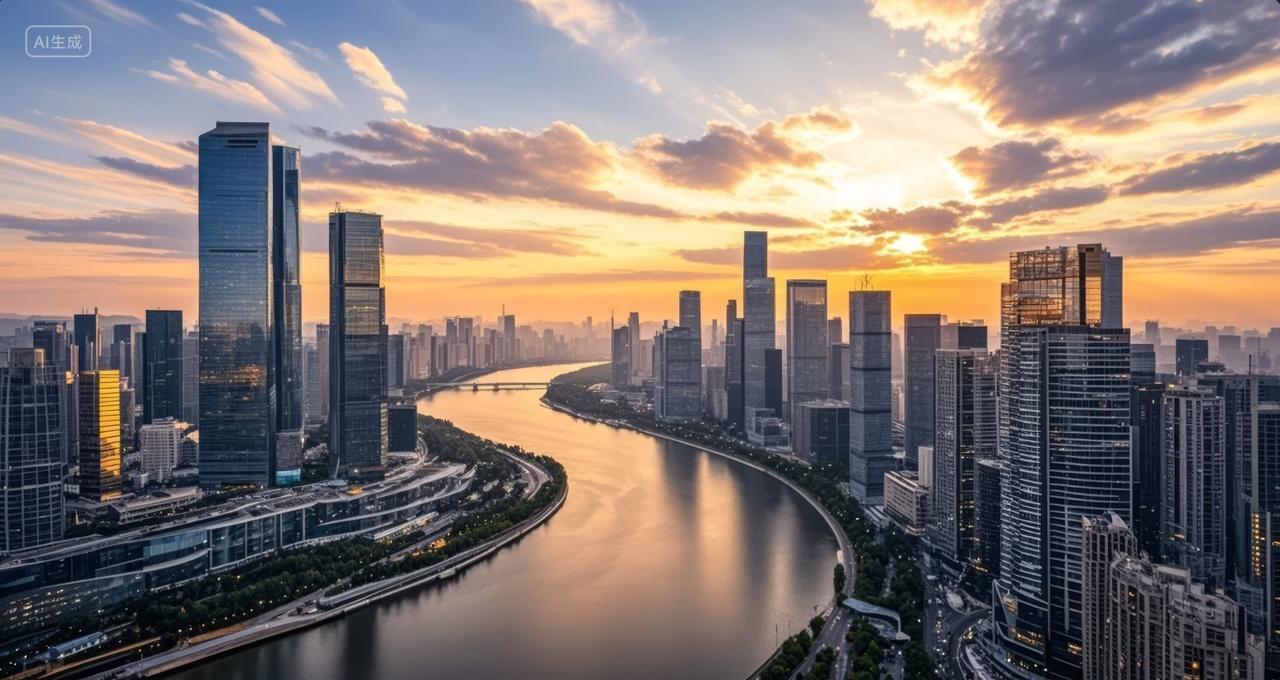 城市河流日落黄昏天际线商务发展背景