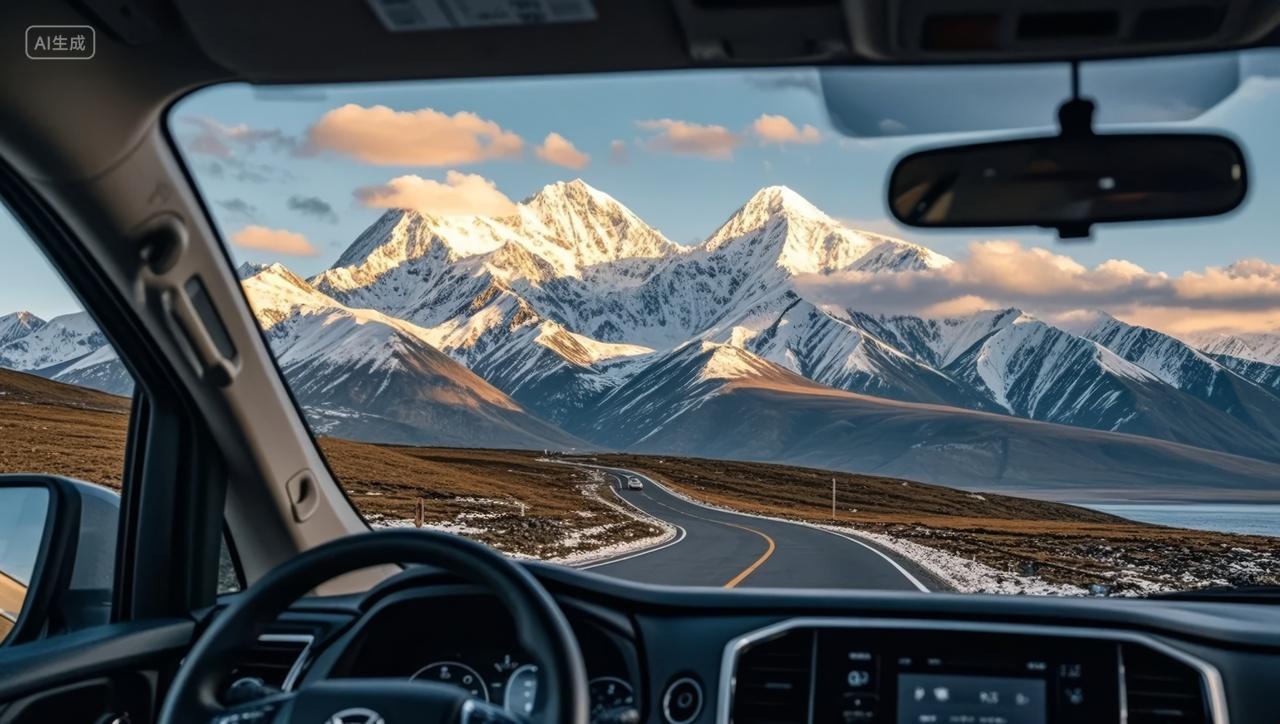 汽车驾驶舱第一视角雪山自驾游旅行背景