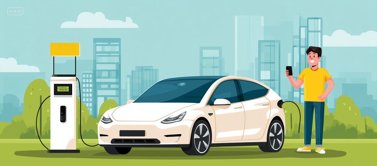 一个卡通男人和新能源汽车在路边的充电桩充电商业海报背景
